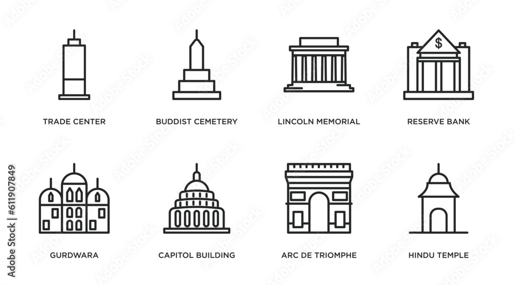 buildings outline icons set. thin line icons such as trade center, buddist cemetery, lincoln memorial, reserve bank, gurdwara, capitol building, arc de triomphe, hindu temple vector. buildings outline icons set. thin line icons such as trade center, buddist cemetery, lincoln memorial, reserve bank, gurdwara, capitol building, arc de triomphe, hindu temple vector.