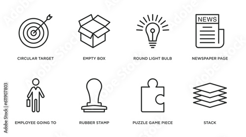 business outline icons set. thin line icons such as circular target, empty box, round light bulb, newspaper page, employee going to work, rubber stamp, puzzle game piece, stack vector.