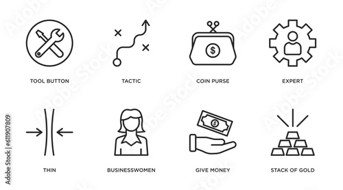 business outline icons set. thin line icons such as tool button, tactic, coin purse, expert, thin, businesswomen, give money, stack of gold vector.