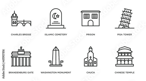 buildings outline icons set. thin line icons such as charles bridge, islamic cemetery, prison, pisa tower, brandenburg gate, washington monument, chuch, chinese temple vector.