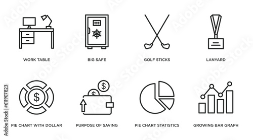 business outline icons set. thin line icons such as work table, big safe, golf sticks, lanyard, pie chart with dollar, purpose of saving money, pie chart statistics, growing bar graph vector.