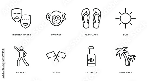 brazilia outline icons set. thin line icons such as theater masks, monkey, flip flops, sun, dancer, flags, cachaca, palm tree vector.