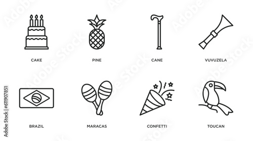 brazilia outline icons set. thin line icons such as cake, pine, cane, vuvuzela, brazil, maracas, confetti, toucan vector.