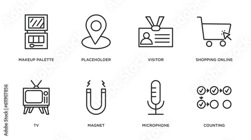 blogger and influencer outline icons set. thin line icons such as makeup palette, placeholder, visitor, shopping online, tv, magnet, microphone, counting vector.