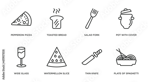 bistro and restaurant outline icons set. thin line icons such as pepperoni pizza, toasted bread, salad fork, pot with cover, wide glass, watermellon slice, thin knife, plate of spaghetti vector.