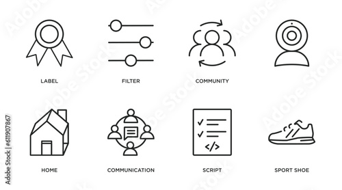 blogger and influencer outline icons set. thin line icons such as label, filter, community, , home, communication, script, sport shoe vector.