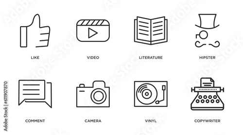 blogger and influencer outline icons set. thin line icons such as like, video, literature, hipster, comment, camera, vinyl, copywriter vector.