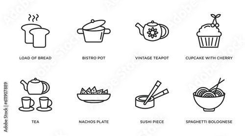 bistro and restaurant outline icons set. thin line icons such as load of bread, bistro pot, vintage teapot, cupcake with cherry, tea, nachos plate, sushi piece, spaghetti bolognese vector.