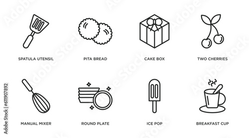 bistro and restaurant outline icons set. thin line icons such as spatula utensil, pita bread, cake box, two cherries, manual mixer, round plate, ice pop, breakfast cup vector.