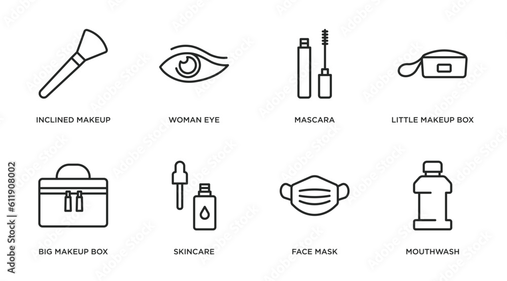 beauty outline icons set. thin line icons such as inclined makeup brush, woman eye, mascara, little makeup box, big makeup box, skincare, face mask, mouthwash vector.