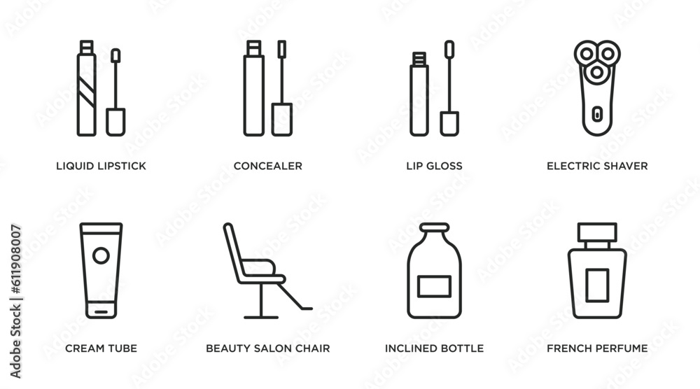 beauty outline icons set. thin line icons such as liquid lipstick, concealer, lip gloss, electric shaver, cream tube, beauty salon chair, inclined bottle, french perfume vector. beauty outline icons set. thin line icons such as liquid lipstick, concealer, lip gloss, electric shaver, cream tube, beauty salon chair, inclined bottle, french perfume vector.