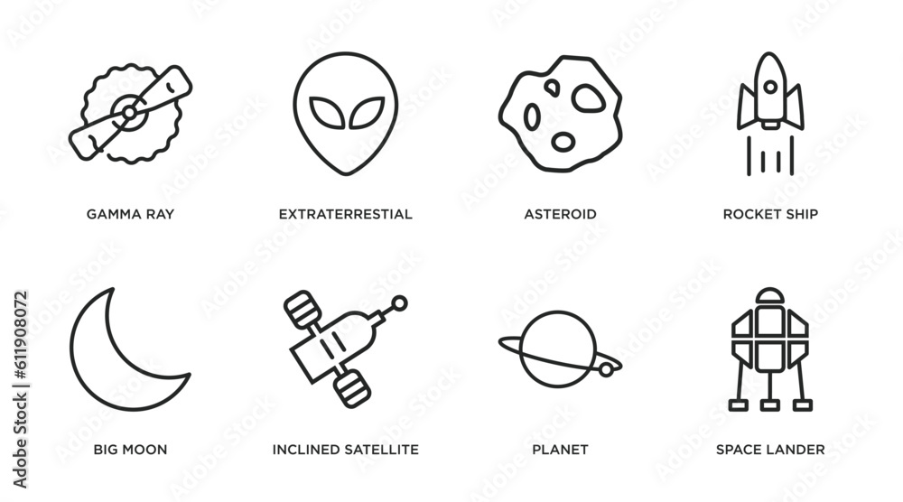 astronomy outline icons set. thin line icons such as gamma ray, extraterrestial head, asteroid, rocket ship, big moon, inclined satellite, planet, space lander vector.