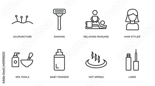 beauty outline icons set. thin line icons such as acupuncture, shaving, relaxing massage, hair styler, spa tools, baby powder, hot spring, liner vector.
