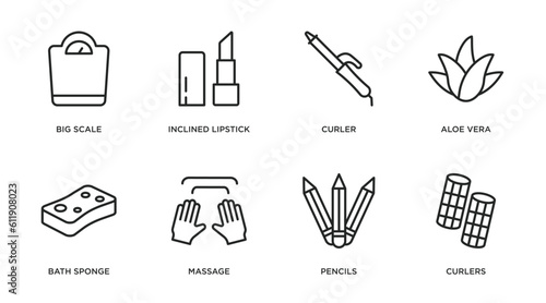 beauty outline icons set. thin line icons such as big scale, inclined lipstick, curler, aloe vera, bath sponge, massage, pencils, curlers vector.