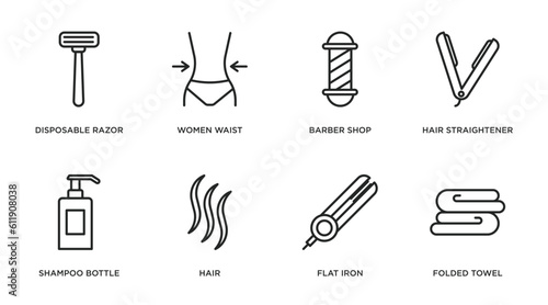 beauty outline icons set. thin line icons such as disposable razor, women waist, barber shop, hair straightener, shampoo bottle, hair, flat iron, folded towel vector.