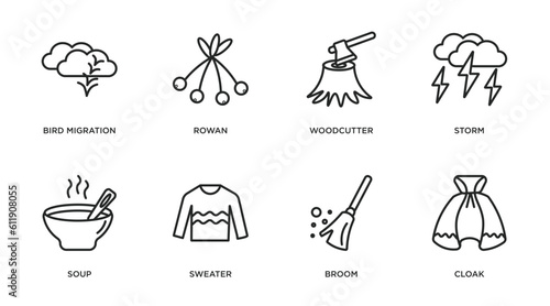 autumn outline icons set. thin line icons such as bird migration, rowan, woodcutter, storm, soup, sweater, broom, cloak vector.