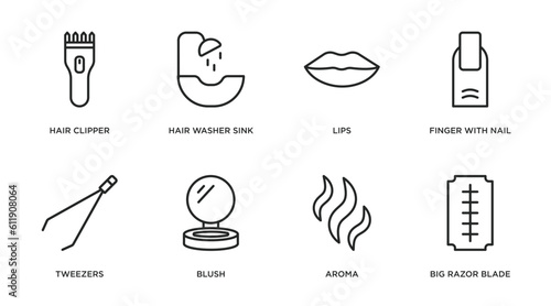 beauty outline icons set. thin line icons such as hair clipper, hair washer sink, lips, finger with nail, tweezers, blush, aroma, big razor blade vector. photo