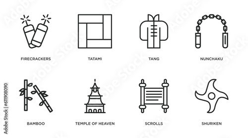asian outline icons set. thin line icons such as firecrackers, tatami, tang, nunchaku, bamboo, temple of heaven, scrolls, shuriken vector.