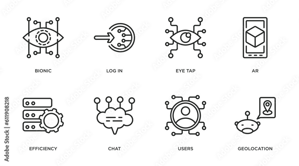 artificial intelligence outline icons set. thin line icons such as bionic, log in, eye tap, ar, efficiency, chat, users, geolocation vector. artificial intelligence outline icons set. thin line icons such as bionic, log in, eye tap, ar, efficiency, chat, users, geolocation vector.