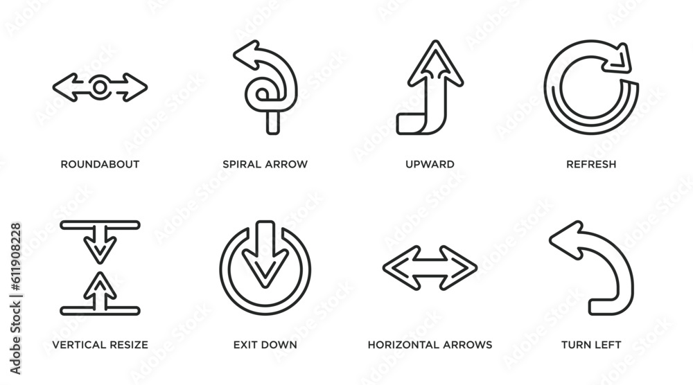 arrows outline icons set. thin line icons such as roundabout, spiral arrow, upward, refresh, vertical resize, exit down, horizontal arrows, turn left vector. arrows outline icons set. thin line icons such as roundabout, spiral arrow, upward, refresh, vertical resize, exit down, horizontal arrows, turn left vector.