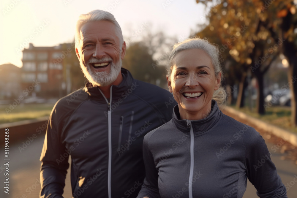 Energetic fit gray hair retired couple in sportswear run in park. Healthy lifestyle. Generative AI
