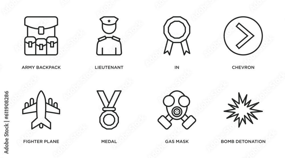 army and war outline icons set. thin line icons such as army backpack, lieutenant, in, chevron, fighter plane, medal, gas mask, bomb detonation vector.