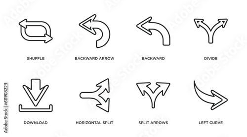 arrows outline icons set. thin line icons such as shuffle, backward arrow, backward, divide, download, horizontal split, split arrows, left curve vector.