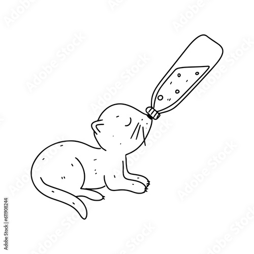 Little kitten with bottle in hand drawn doodle style. Nursing an animal. Vector illustration isolated on white. Coloring page.