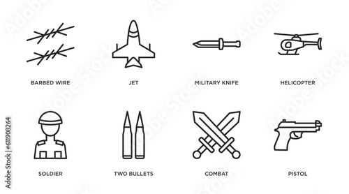 army and war outline icons set. thin line icons such as barbed wire, jet, military knife, helicopter, soldier, two bullets, combat, pistol vector.