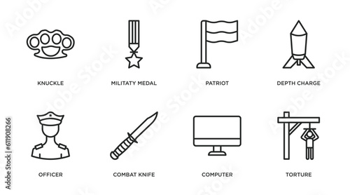 army and war outline icons set. thin line icons such as knuckle, militaty medal, patriot, depth charge, officer, combat knife, computer, torture vector.
