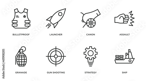 army and war outline icons set. thin line icons such as bulletproof, launcher, canon, assault, granade, gun shooting, strategy, ship vector.