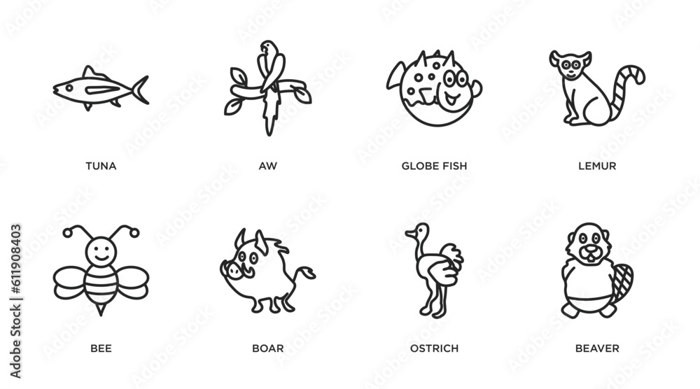 animals outline icons set. thin line icons such as tuna, aw, globe fish, lemur, bee, boar, ostrich, beaver vector. animals outline icons set. thin line icons such as tuna, aw, globe fish, lemur, bee, boar, ostrich, beaver vector.