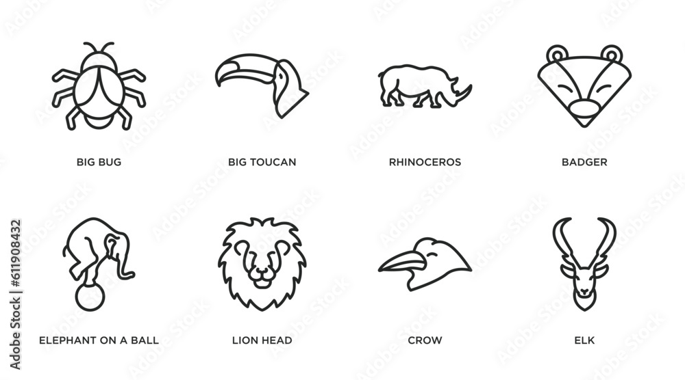animals outline icons set. thin line icons such as big bug, big toucan, rhinoceros, badger, elephant on a ball, lion head, crow, elk vector. animals outline icons set. thin line icons such as big bug, big toucan, rhinoceros, badger, elephant on a ball, lion head, crow, elk vector.