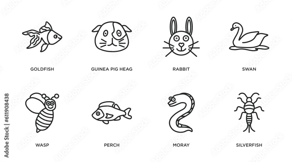 Fototapeta premium animals outline icons set. thin line icons such as goldfish, guinea pig heag, rabbit, swan, wasp, perch, moray, silverfish vector.