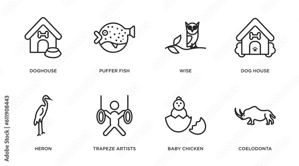 Obraz premium animals outline icons set. thin line icons such as doghouse, puffer fish, wise, dog house, heron, trapeze artists, baby chicken, coelodonta vector.