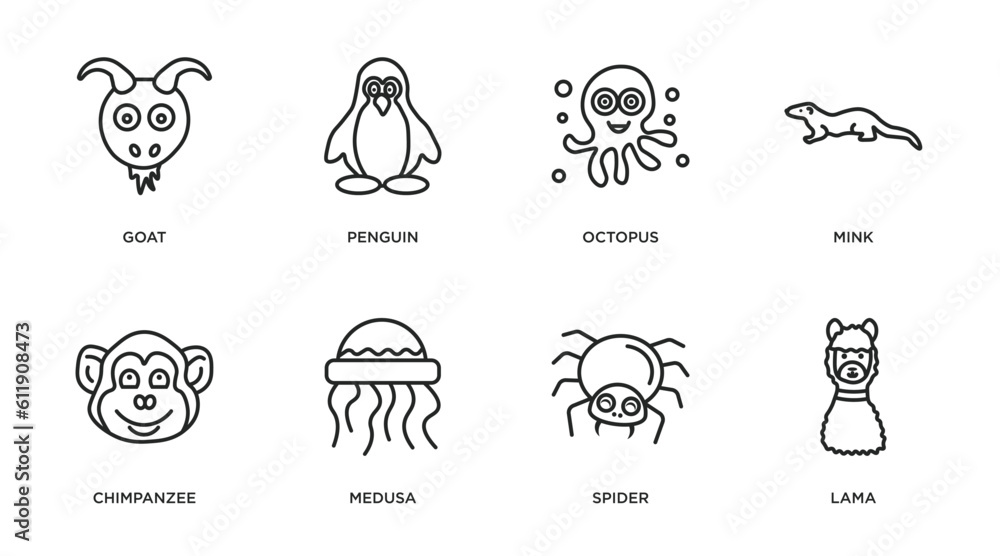 animals outline icons set. thin line icons such as goat, penguin, octopus, mink, chimpanzee, medusa, spider, lama vector.
