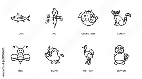 animals outline icons set. thin line icons such as tuna, aw, globe fish, lemur, bee, boar, ostrich, beaver vector.