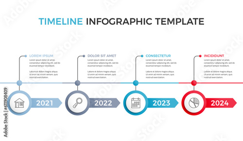 Horizontal timeline infographics template with fours arrow with place for icons, dates and text, vector eps10 illustration