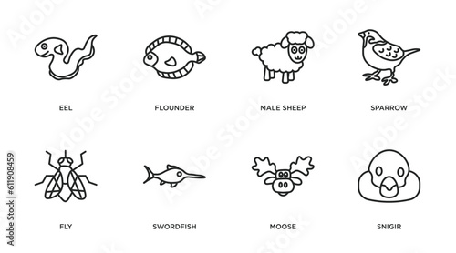 animals outline icons set. thin line icons such as eel, flounder, male sheep, sparrow, fly, swordfish, moose, snigir vector.