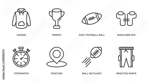 american football outline icons set. thin line icons such as hoodie, trophy, fast football ball, shoulder pad, stopwatch, position, ball on flight, practice pants vector.