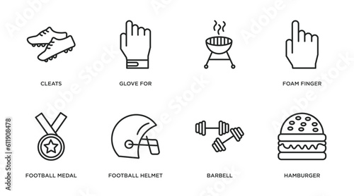american football outline icons set. thin line icons such as cleats, glove for, , foam finger, football medal, football helmet, barbell, hamburger vector.