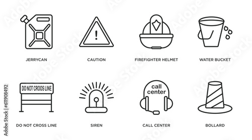 alert outline icons set. thin line icons such as jerrycan, caution, firefighter helmet, water bucket, do not cross line, siren, call center, bollard vector.