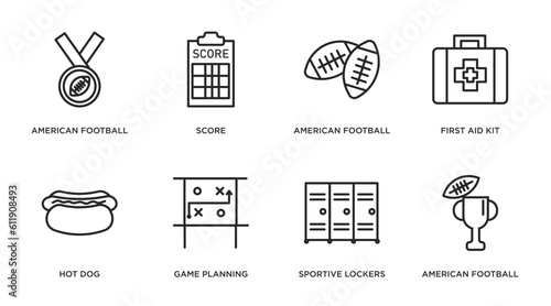 american football outline icons set. thin line icons such as american football medal, score, american football, first aid kit, hot dog, game planning, sportive lockers, cup vector.