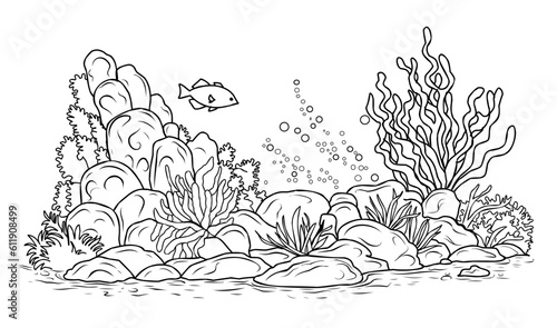 Underwater world coloring page. Coloring page life in the ocean with algae.