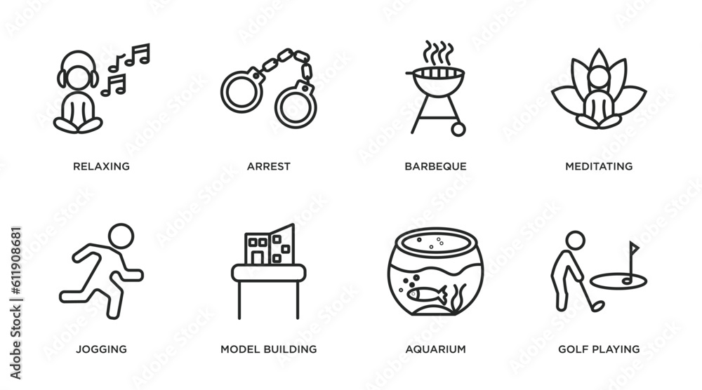activity and hobbies outline icons set. thin line icons such as relaxing, arrest, barbeque, meditating, jogging, model building, aquarium, golf playing vector.