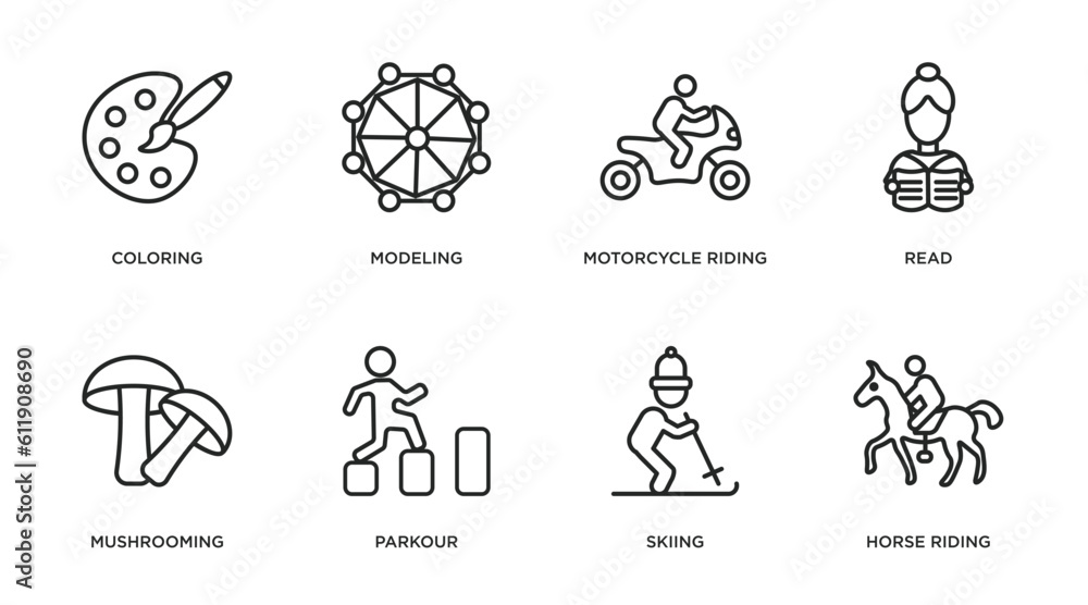 activity and hobbies outline icons set. thin line icons such as coloring, modeling, motorcycle riding, read, mushrooming, parkour, skiing, horse riding vector.