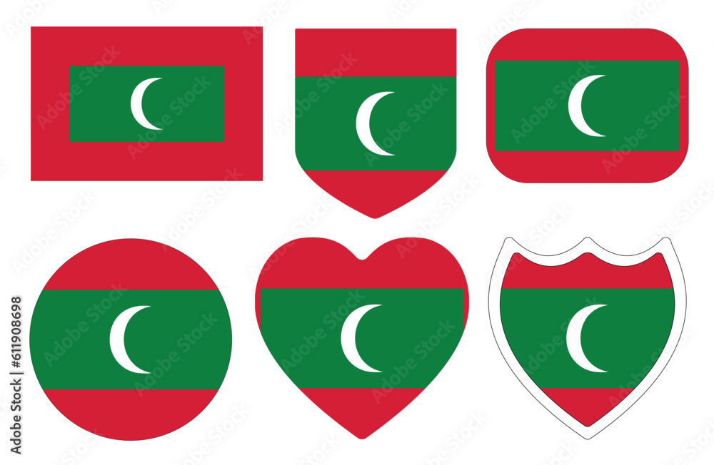 Maldives flag in design shape set. Flag of Maldives in design shape set. 