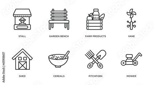 agriculture farming outline icons set. thin line icons such as stall, garden bench, farm products, vane, shed, cereals, pitchfork, mower vector.