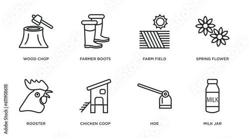 agriculture farming outline icons set. thin line icons such as wood chop, farmer boots, farm field, spring flower, rooster, chicken coop, hoe, milk jar vector.