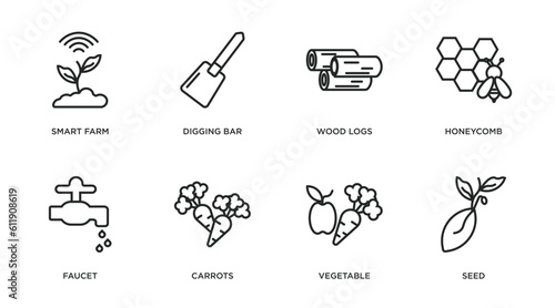 agriculture farming outline icons set. thin line icons such as smart farm, digging bar, wood logs, honeycomb, faucet, carrots, vegetable, seed vector.